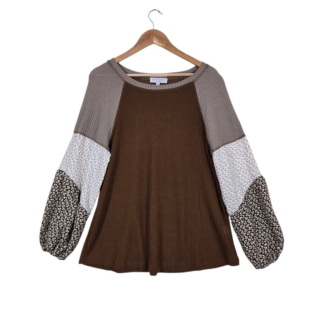 Hayden LA Top S Brown Waffle Knit Floral Mixed Print Balloon Sleeve Boho Peasant
